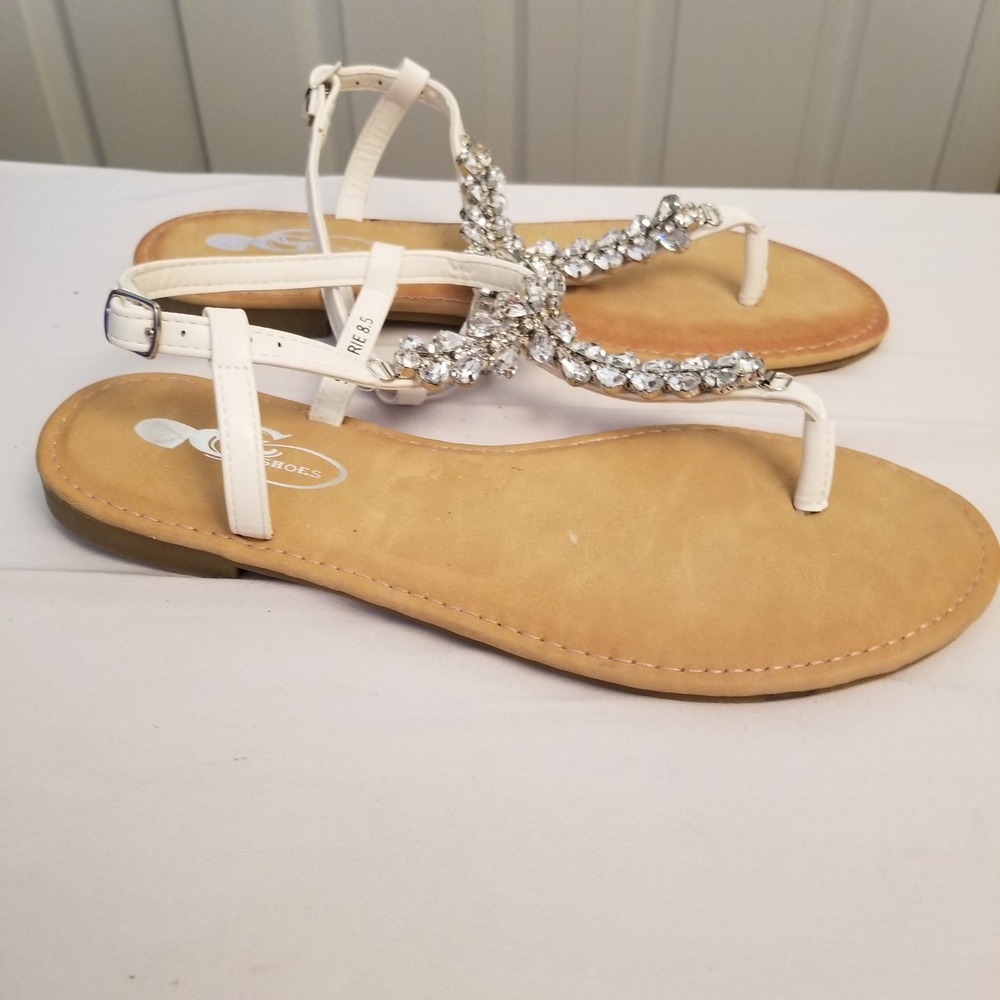 GC Shoes Sonrie White Rhinestone T-Strap Flat Sandals Ankle Strap Womens 8.5 - Picture 7 of 10